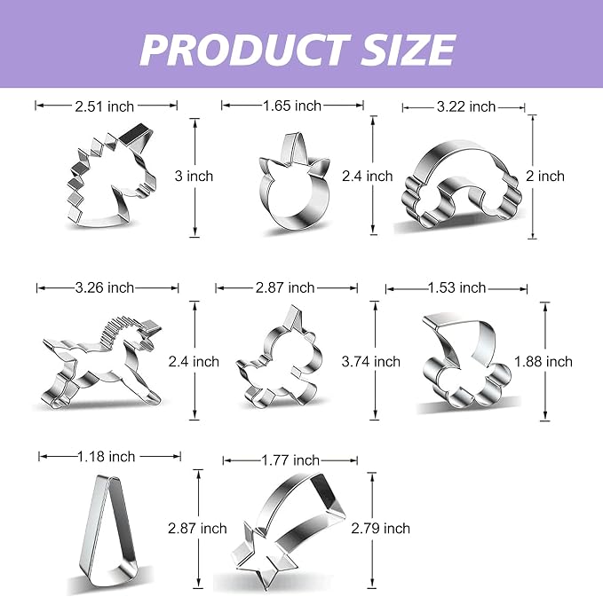 Unicorn and Rainbow Cookie Cutters, Set of 8, Cookie Biscuit Mold Food Grade Stainless Steel Fondant Cutters (Cartoon Cookie Cutters Set) For Cake Decoration