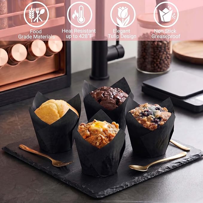 200 Pcs Black Tulip Cupcake Liners for Baking, Standard Size | Standard Greaseproof Tulip Muffin Liners for Baking, 3oz Black Paper Cupcake Wrappers for Party Wedding Birthday