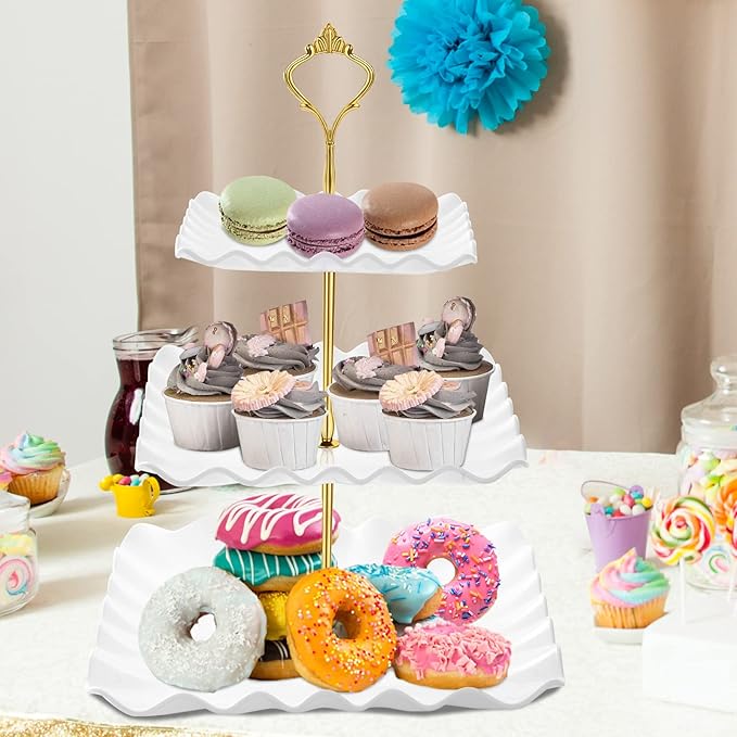 DAFURIET Plastic Dessert Cupcake Stand, 3 Tier Cup Cake Holder Tower for Tea Party/Birthday/Wedding, Tiered Serving Tray with Metal Rod, White