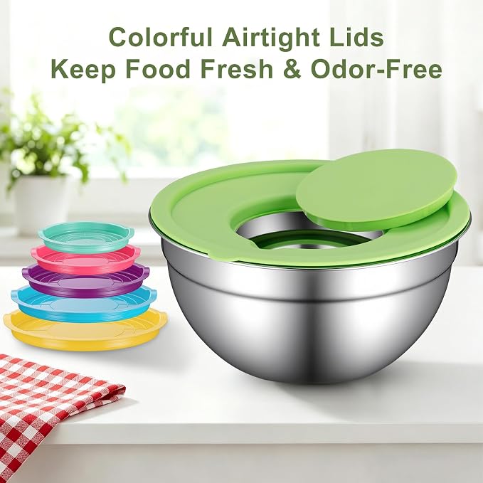 Stainless Steel Mixing Bowls with Lids Set, 6 Nesting Kitchen Bowls 0.7-4 QT, Metal Mixing Bowls with 3 Grater Attachments, Dishwasher Safe for Prep, Mixing, Serving & Storage