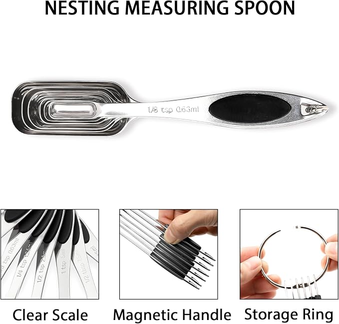 Magnetic Measuring Spoons Set of 7,Stainless Steel Measuring Spoons with Leveler,Nesting Measuring Spoon for Dry & Liquid Ingredients (7, Black)