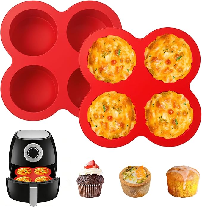 Air Fryer Silicone Egg Molds 2 Pcs Silicone Egg Bite Molds Air Fryer Muffin Pan for Baking Round Muffin Cupcake Pans Eggs Bite Maker Nonstick Airfryer Baking Mold Cake Pan for Tart Bread Hamburger Bun