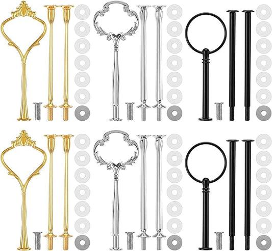 6 Sets 3 Tier Cake Stand Hardware Tiered Tray Plate Hardware Kit Heavy Metal Cake Fruit Food Plate Stand Fitting Stacking Kit for Serving Dessert Cupcake Dish Food(Cute,Black, Silver, Gold)