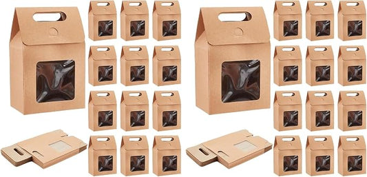 PH PandaHall 24pcs Goodies Boxes Small Gift Boxes Gable Candy Treat Box Kraft Paper Box with Clear Windows for Bread Donuts Cookie Chocolate Birthday Wedding Valentine (2.3x3.9x3.7 inch) (Pack of 2)