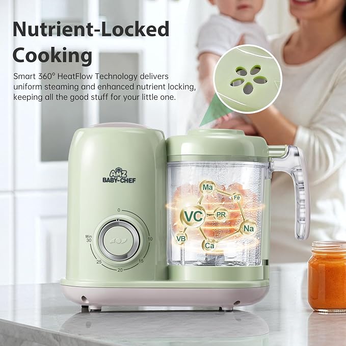 AMZBABYCHEF Baby Food Maker, 4 in 1 Baby Food Processor and Steamer, Puree Blender, Multifunctional Baby Puree Maker, Dishwasher Safe (Green)