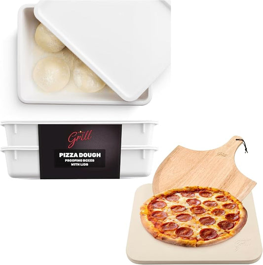 Hans Grill Pizza Dough Proofing Box - Pack of 2 Stackable & Rectangular Pizza Stone For Oven Baking & BBQ Grilling With Free Wooden Peel
