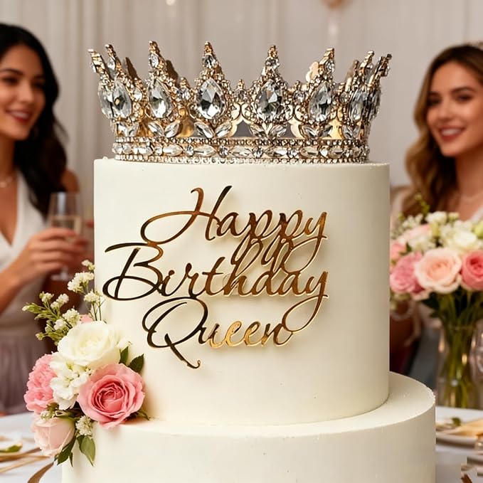 Happy Birthday Queen Cake Topper, Acrylic Gold Queen Birthday Cake Decoration for Women Girls Wedding Birthday Engagement Bridal Shower Party Supplies (GOLD1)