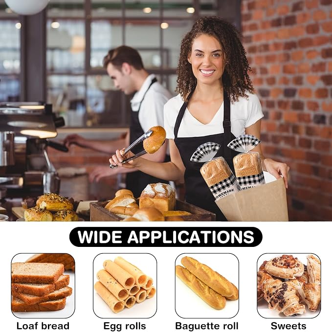 Sabary 50 Pcs Homemade Bread Bags with Ties Black Buffalo Plaid Bread Loaf Bags Plastic Clear Gift Storage for Home Bakers Bakery Christmas, 10 x 20 Inch