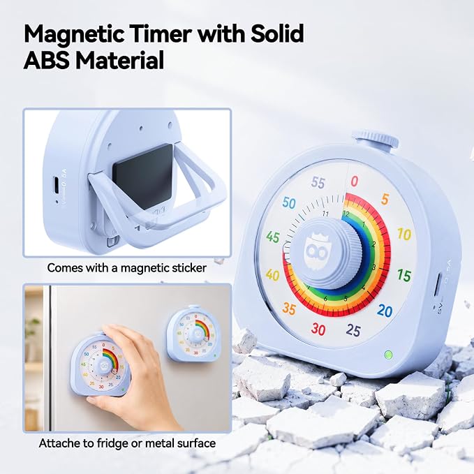Kids Timer with Rainbow Visual Disk, Rechargeable Timer for Classroom Office Kitchen with Magnetic Sticker, 60 Min/12Hr Silent Countdown Timers Management Tool for ADHD & Autism
