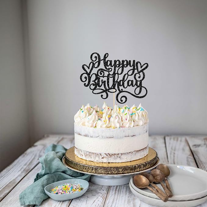 Gyufise 1Pcs Happy Birthday Cake Topper Glitter Cake Pick Bunting Decor for Anniversary Celebrating Party Cake Decorations Supplies Black