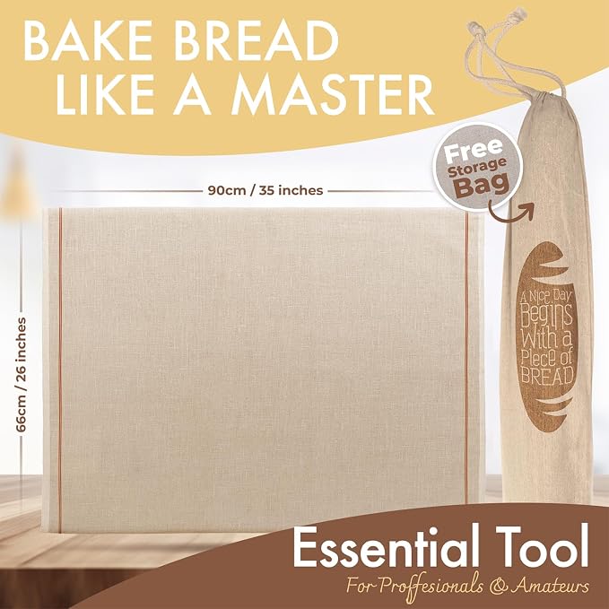 Professional Bakers Couche Extra Large 35" x 26" Heavy Duty Canvas Weight Linen Proofing Cloth - 100% Natural Flax Linen - with Bonus Storage Bag