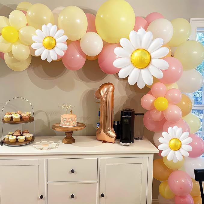 Daisy Flower Balloon Garland Arch Kit 137 pcs Groovy Flower Foil Balloons Boho Pastel Pink Yellow White Orange Birthday Party Decorations for Girls Bridal Baby Shower Wedding Carnival Holiday