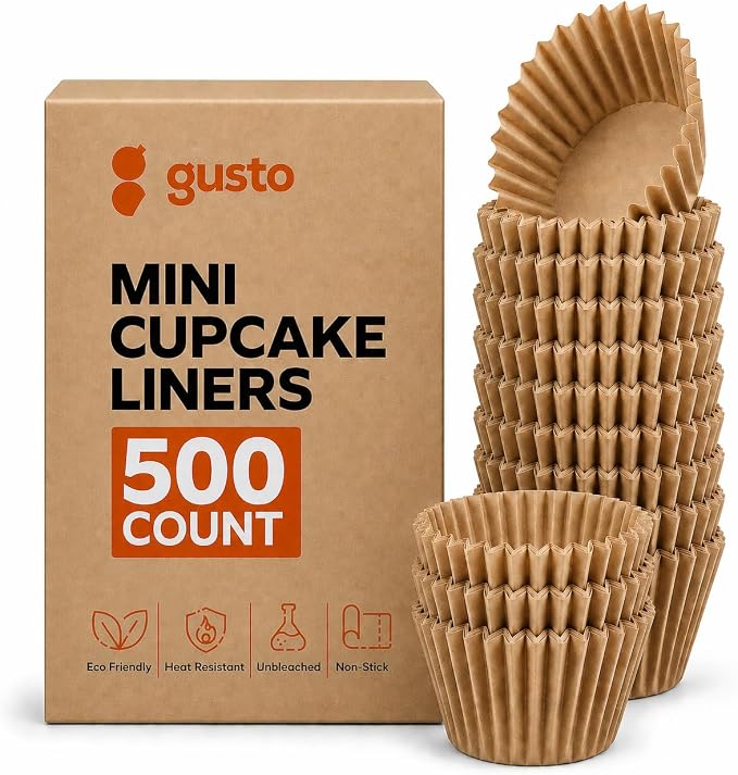GUSTO [500 Pcs] Kraft Mini Cupcake Liners for Baking - Food Grade & Grease-Proof, Durable Baking Cups for Muffins, Cupcakes, and More - (Formerly Comfy Package)