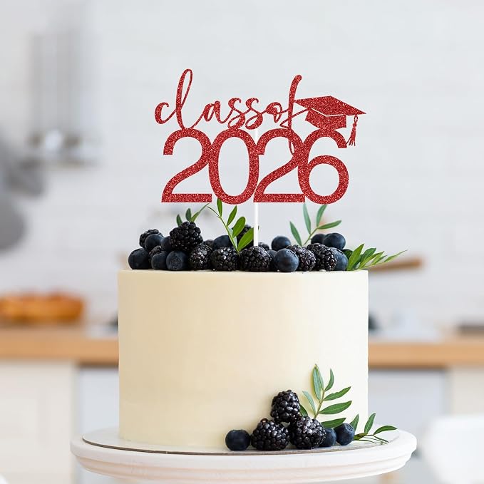 Class of 2026 Cake Topper, Congrats 2026 Cake Décor, Congrats Grad, Happy Graduation, High School/Senior/University Graduation Party Decorations Red Glitter