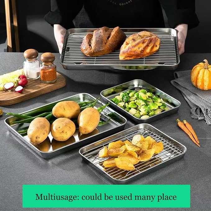 Extra Small Serving Trays with Cooling Wire Racks Set Stainless Steel 304 Tiny Baking Sheet Pans 9.3 x 6.9 Inch Dishwasher Safe for 1~2 Person 2 Pans & 2 Racks