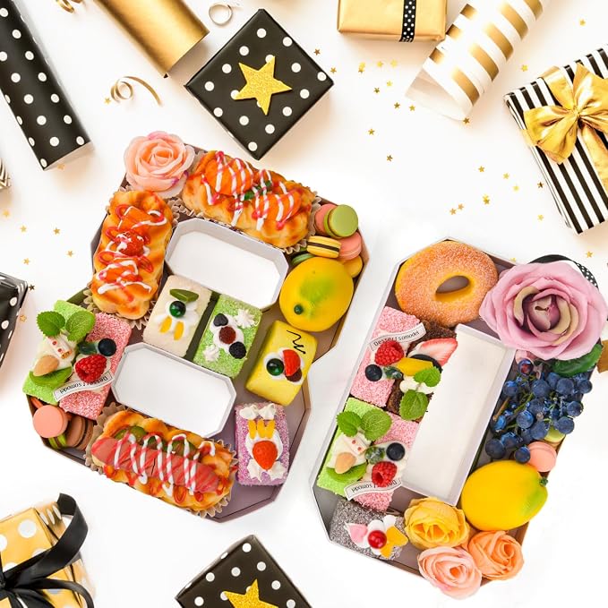 80 Set Cardboard Number for Charcuterie 10.2'' Fillable Tray Charcuterie Paper Box for 80th Birthday Anniversary Party Decorations Chocolate Candy Cupcake Container