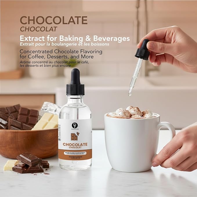 Dolce Flav Natural Chocolate Extract – 2 Ounce Water-Soluble Kosher, Sugar-Free, Concentrated Chocolate Flavor for Baking, Coffee, Ice Cream, Smoothies & Desserts, Includes Measured Dropper