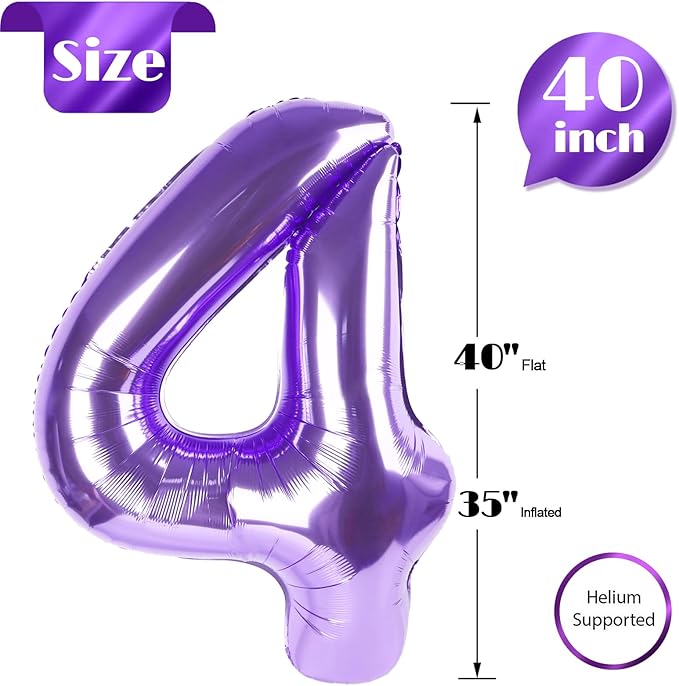 Purple Number 4 Balloon 40 Inch, 4th Birthday Party Decorations for Children, Giant 4 Foil Balloon for Party Supplies