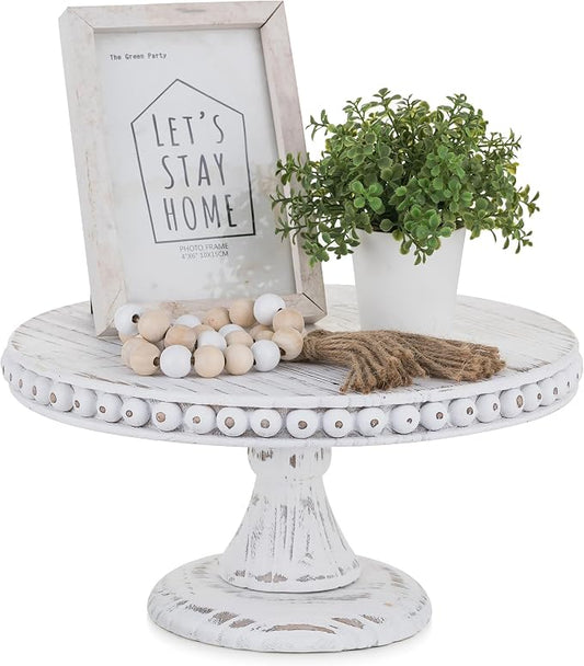 Hanobe White Wood Cake Stand: Cupcake Pedestal Stand 12 inch Dessert Display Riser Rustic Round Cakes Holder Tray Vintage Beads Wooden Plate for Christmas Wedding Birthday Decor