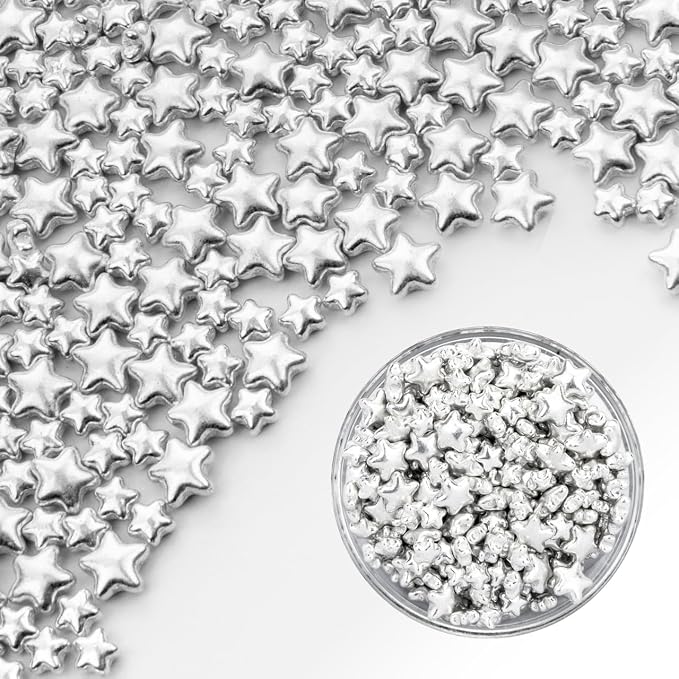 Dazzjoy Edible Silver Star Sugar Sprinkles, 4.23oz, Mix Size, Candy Star Sprinkles for Cake Decorations and Cupcake Toppers, Wedding Party Valentines Supplies