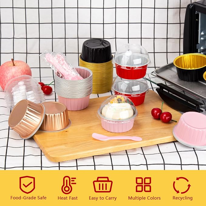 5oz Mini Cake Pans with Lids 25 Pack, Foil Muffin Tin Small Baking Cups, Disposable Cupcake Containers Creme Brulee Ramekins Cupcake Liners for Bake Sales Valentines-Pink