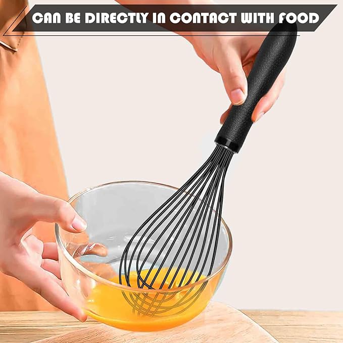 TEEVEA Silicone Whisk 11 Inch, Nonstick Heat Resistant for Cooking Baking | Black, food grade, dishwasher safe, stainless steel core, non-scratch, balloon shape, handheld, kitchen egg & batter mixing