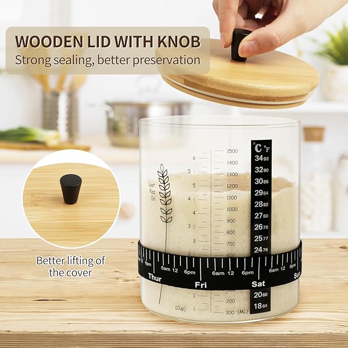 50oz Sourdough Starter Jar, Wide Mouth Sourdough Jar, Large Capacity Sourdough Bread Starter Kit with Lid, Band, Date Tracker, Temp, Sourdough Starter Kit for Sour Dough (1 Pack)