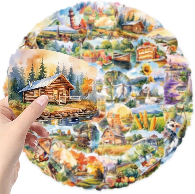 50 Pcs Pastoral Countryside Scrapbook Stickers, Colourful-B4 | Waterproof, Transparent, Vintage Farmhouse Decals, Rustic Nature & Farm Animals & Scenic Landscapes