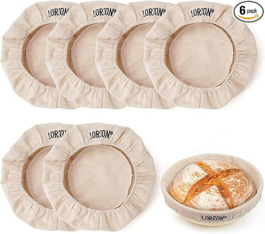 Lorzon 6 Pack Bread Proofing Basket Cover, 10 Inch Round Banneton Liner, Linen Sourdough Bowl Covers for Bread Rising