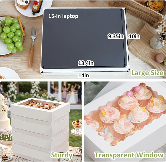 Moretoes 40pcs 14x10x4in Sheet Cake Boxes, Quarter Sheet Bakery Boxes with Window, for Pastry Baking Cake, Cupcakes, Donuts, Cookies, Pie Treat Packaging, White Large