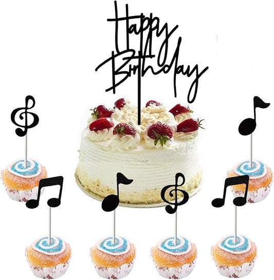 ZHENGYE Happy Birthday Cake Topper Sign And 6 Black Music Cake Toppers Happy Birthday Topper For Cake Birthday Cake Decorations(Black 34)