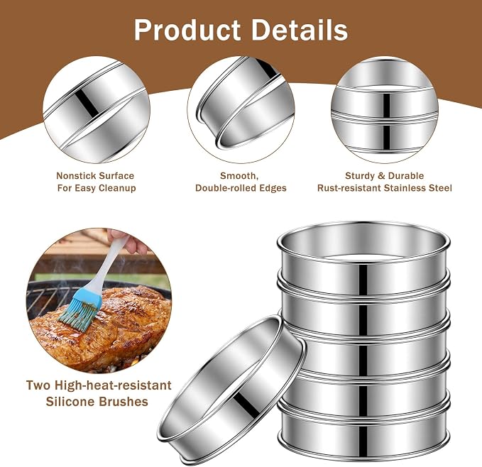 25 Pack 4 Inch English Muffin Rings, Stainless Steel Double Rolled Crumpet Rings with Silicone Brushes - Nonstick Metal Tart & Pastry Molds for Baking, Eggs, Pancakes
