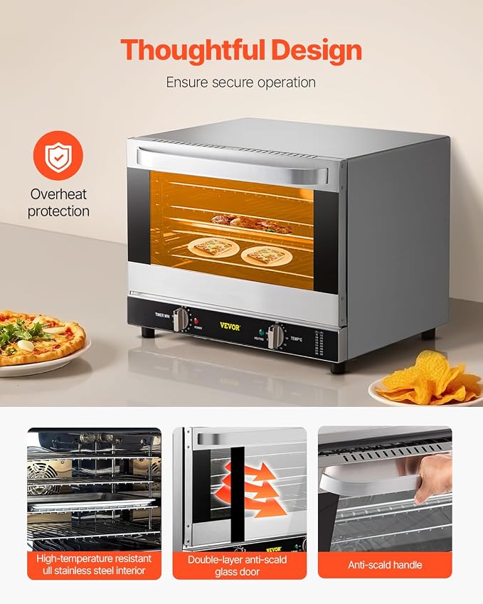 VEVOR Commercial Convection Oven, 66L/60Qt, Half-Size Conventional Oven Countertop, 1800W 4-Tier Toaster w/Front Glass Door, w/Trays Wire Racks Clip Gloves, 120V | 1800W, 4-Tier Toaster, Front Glass Door, Electric Baking Oven with Tray & Wire Racks Inc...