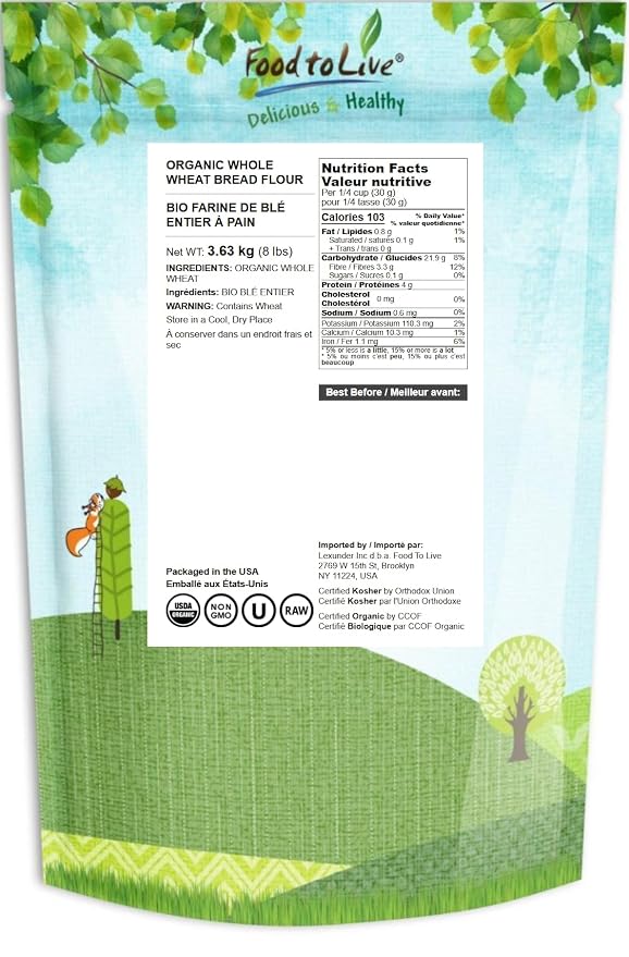 Food to Live Organic Whole Wheat Bread Flour, 8 Pounds - Whole Grain, Unbleached, Non-GMO, Kosher, Unbromated, Raw, Vegan, Bulk, Product of the USA
