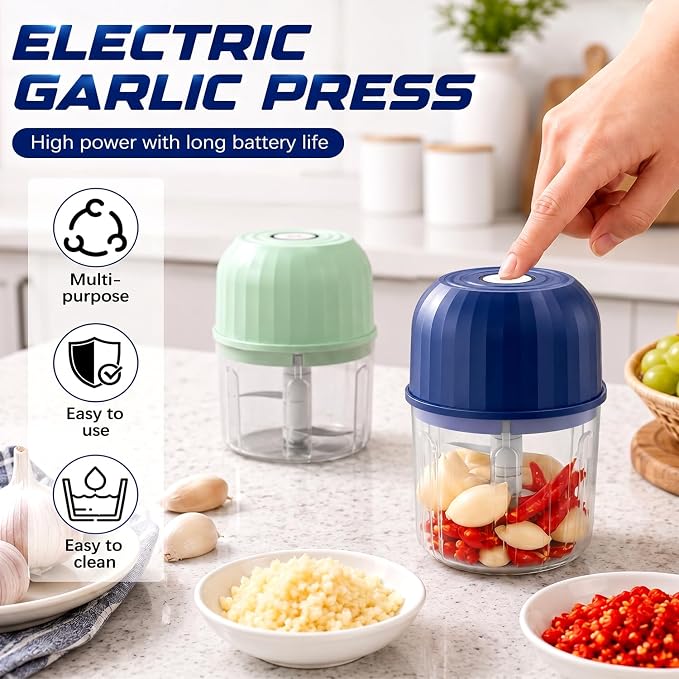 Electric Garlic Chopper, Cordless Mini Food Processor Rechargeable (Blue) | 6 Stainless Steel Blades,Cordless USB-C Rechargeable,No Garlic Smell on Hands, Splash-Proof Design,Food-Grade PP