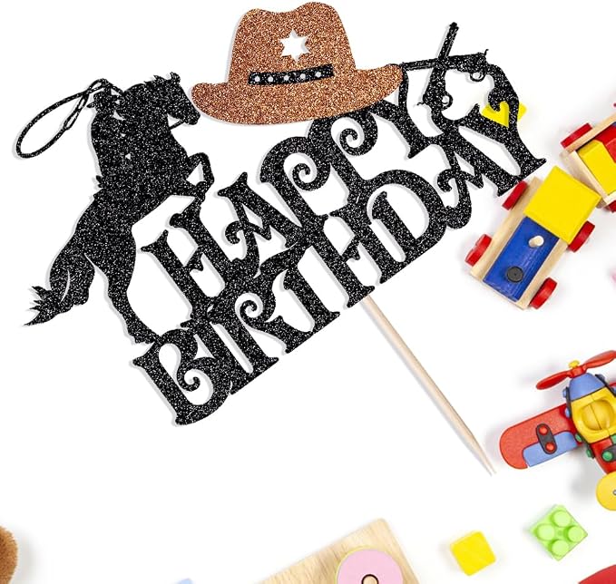 Western Cowboy Cake Topper - Glitter Theme Happy Birthday Party Decoration, Baby Shower & Boy/Girl Birthday Party Decoration Supplies