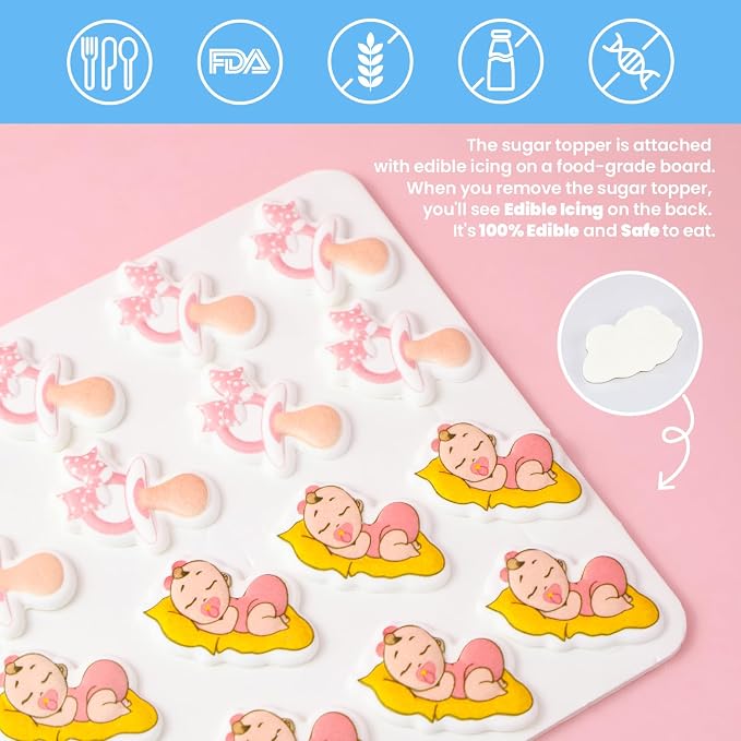 Pink Edible Baby Cake Decorations, Gender Reveal Cupcake Topper Edible, Girl Baby Shower Candy Cookies Chocolates Baking Decor, 16 pcs