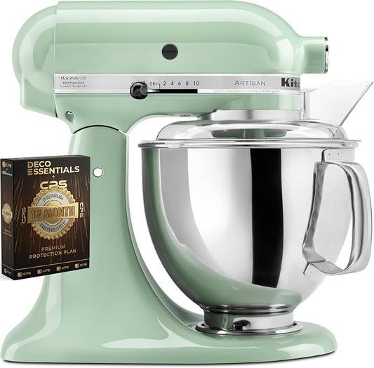 KitchenAid Artisan Series 5 Quart Tilt Head Stand Mixer with Pouring Shield KSM150PS, Pistachio Bundle with Deco Essentials Exclusive CPS 1 Year Extended Protection Pack