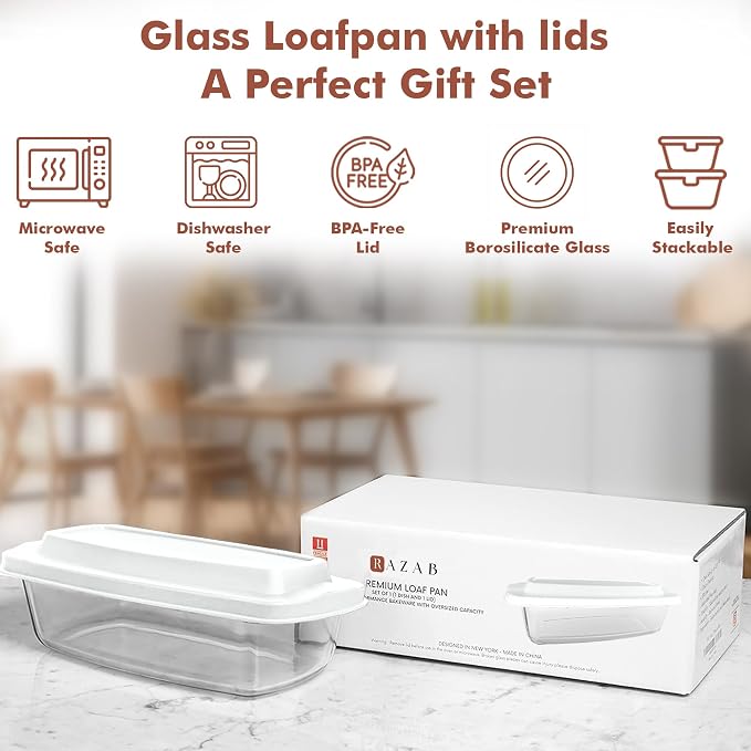 Razab LARGE 7.6 Cups/1800 ML/1.9 Qt Glass Loaf Pan with Lids - Meatloaf Pan BPA free Airtight Lids Grip Handle Easy Carry, Microwave and Oven Safe - Loaf Pans For Baking Bread, Cakes, Glass Loaf Pan