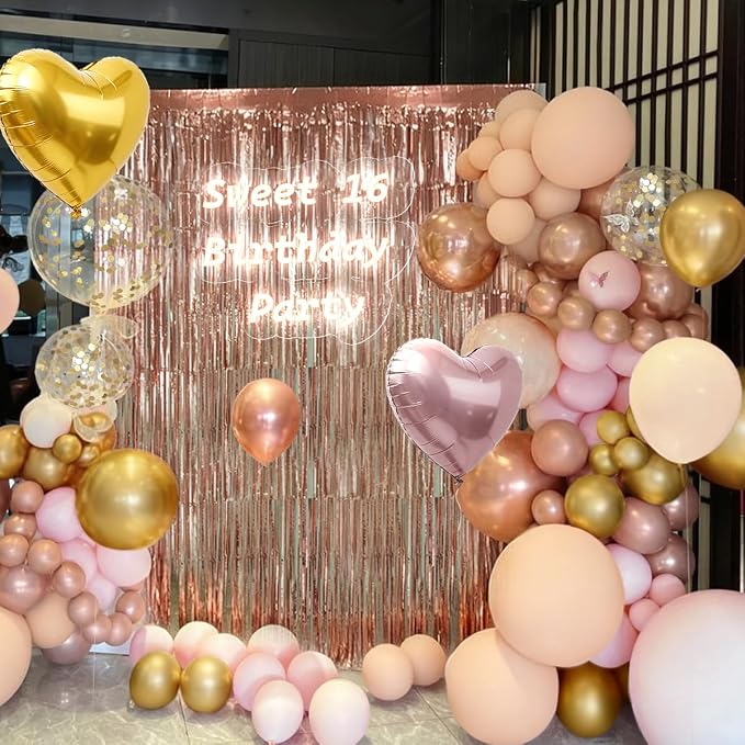 157PCS Rose Gold Balloon Garland Arch Kit with Fringe Curtain for Girls Women Princess Birthday Wedding Baby Bridal Shower Engagement Anniversary Graduation Party Decorations