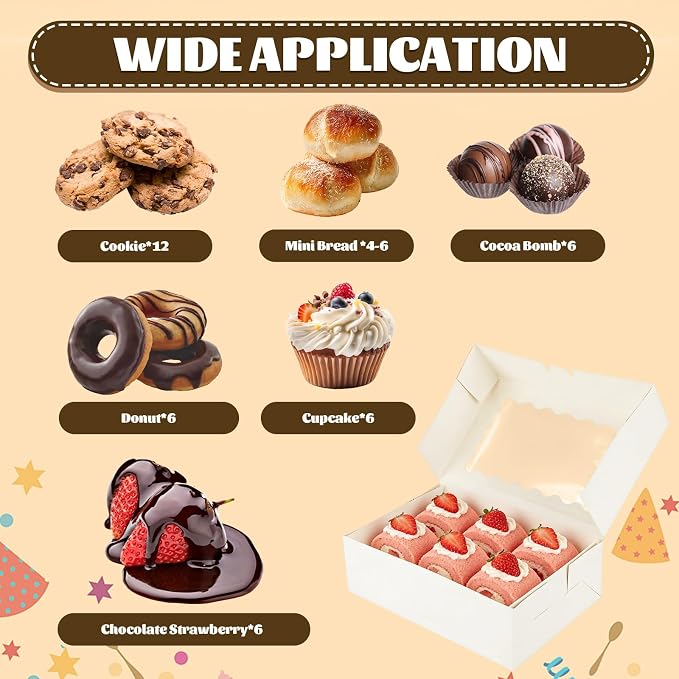 QTLCOHD 50 Pcs Cookie Boxes with Window 9x6x3 Inch | White Bakery Boxes Dessert Container with Sticker for Pies, Chocolate, Strawberries, Muffins, Donuts, Pastry, Candy