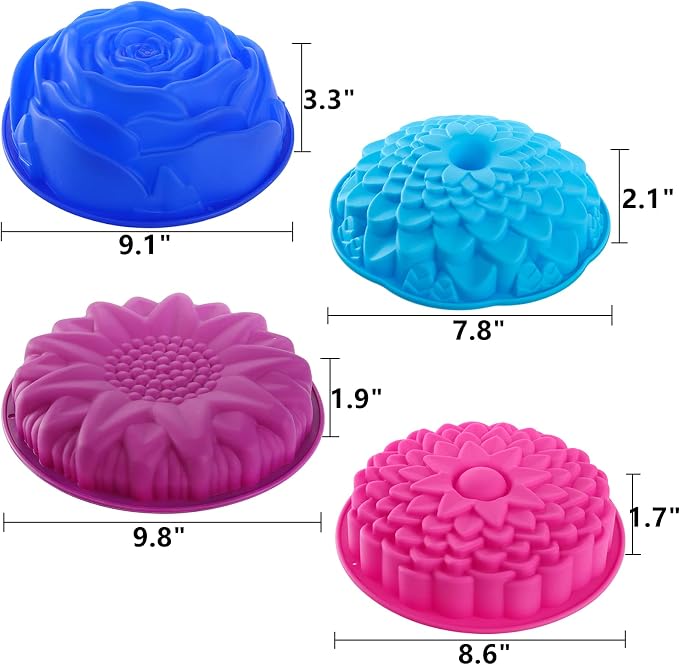 DEAYOU 4 Pack Flower Shape Silicone Cake Molds, Non-Stick Bread Pie Flan Tart Baking Pan Jello Molds, Round Silicone Baking Tray for Brownie, DIY, Anniversary, Birthday
