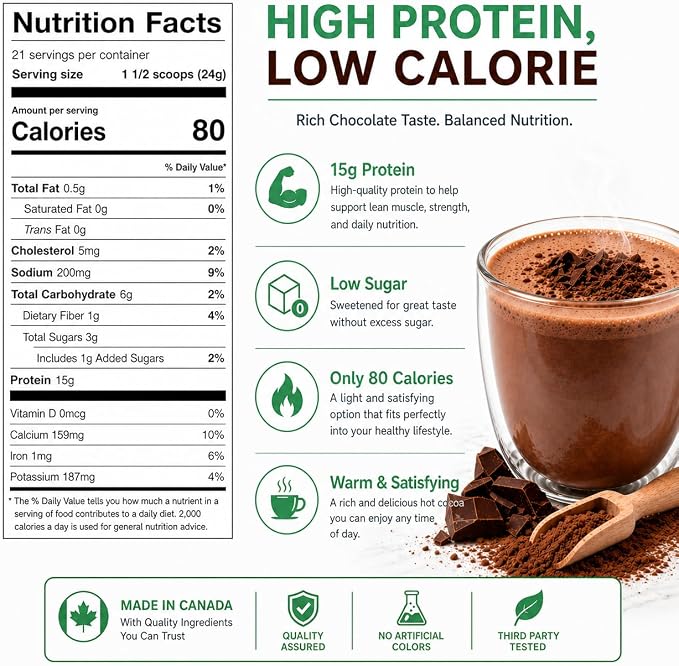 Nutmeg State Nutrition - High Protein Hot Cocoa Mix, Low Calorie Hot Chocolate Protein Drink, 15g Protein, 80 Calories, 3g Sugar, 21 Servings Per Canister, 17.6 Ounces