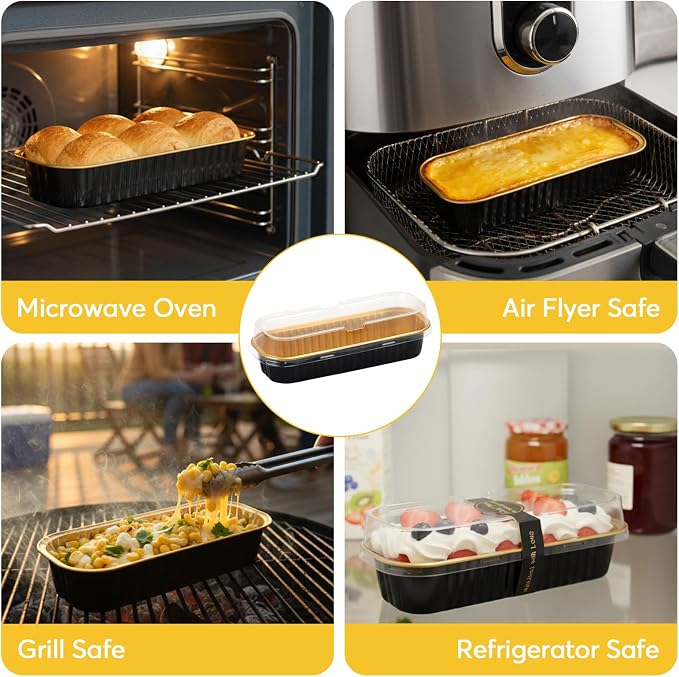 Ruckae 100 Pack Mini Loaf Pan Mini Loaf Baking Pans with Lids and Spoons,Disposable Aluminum Foil Pans, Rectangle Tin Foil Pans with Lids for Home, Pary, Picnics (Black Gold)