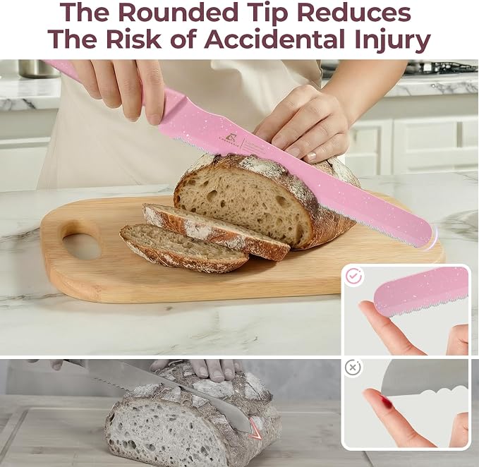 CoquusAid Upgrade Bread Knife for Homemade Bread, World‘s 1st Double Serrated Knife for Crusty Sourdough, 11.6 Inch Stainless Steel Bread Slicer, Professional Sourdough Cutter, Ideal for Gift, Pink