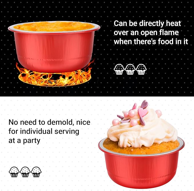 Beasea Disposable Baking Cups With Lids, 100 Pack 6.1oz 180ml Aluminum Foil Ramekins Round Baking Mini Cupcake Oven Cups for Party - Red