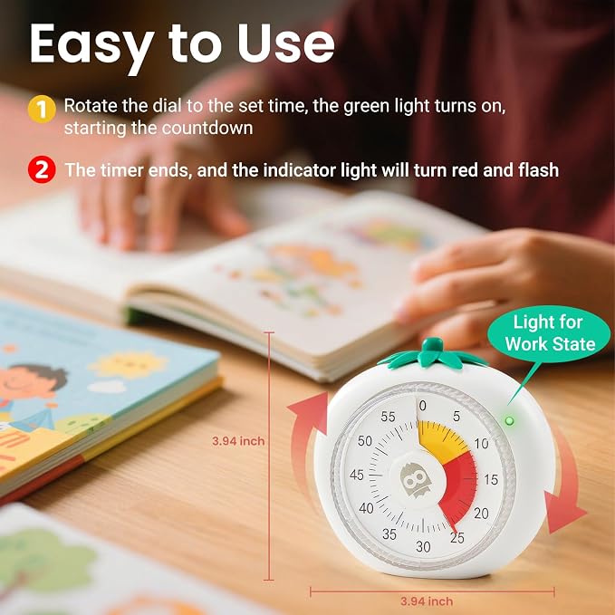 Magnetic Visual Timer, 60-Minute Countdown for Kitchen Classroom Homework | 4-Color Zone Dial with Cute Design, Kids Timer with Pomodoro Mode Time Management Tool for ADHD, Cooking & Baking