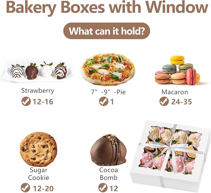 Pack of 22 White 9x9x2.5 Inches Cookie Boxes with Window in Two Styles Includes Banderole and Thank You Stickers