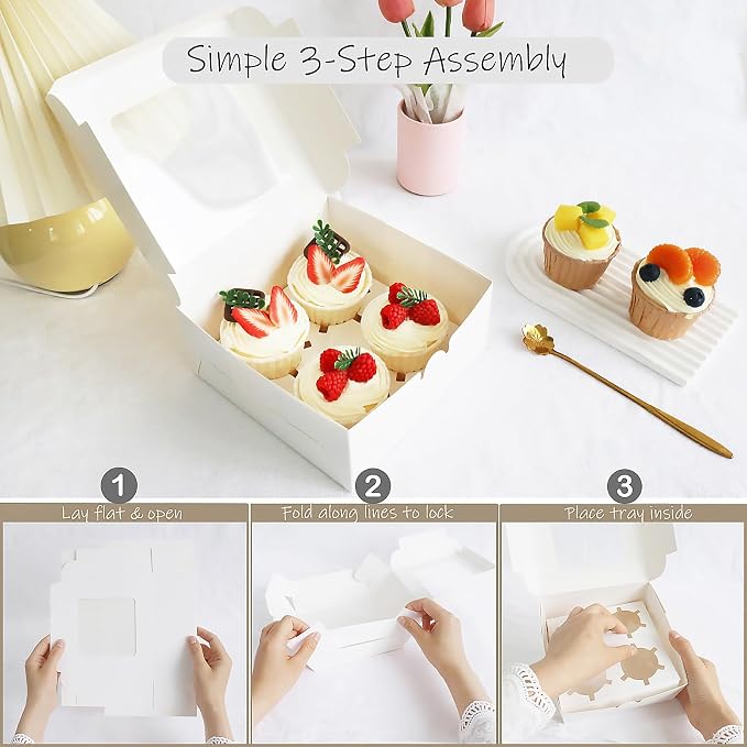 Cupcake Boxes 4 Count with Window, Bakery Boxes, Muffin Containers, Food Grade, Easy Assembly for Candies, Mini Cakes and Baked Goods - 6.3x6.3x3, 30 Pack