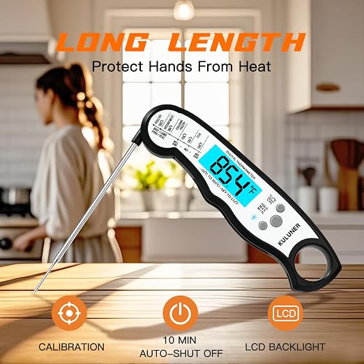 KULUNER Instant Read Food Thermometer, White Waterproof Digital Meat Thermometer with 4.6" Folding Probe, Backlight & Calibration, 2-3s Fast Reading for Kitchen Baking Grilling Cooking - White